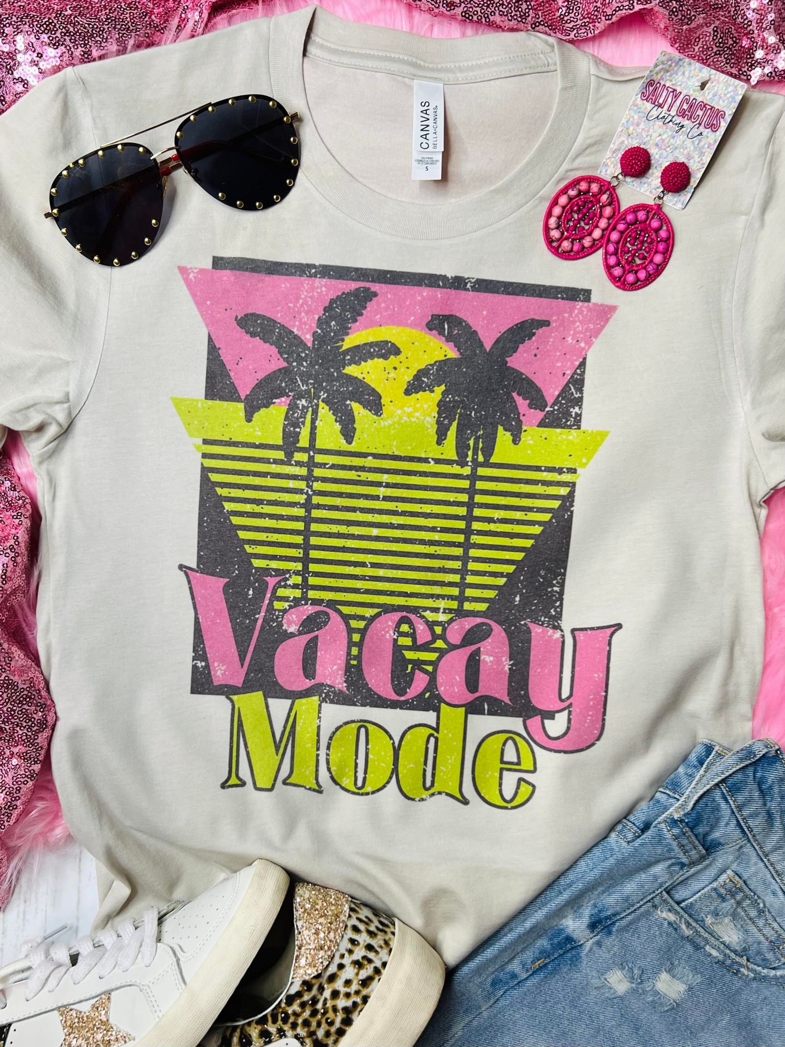 Vacay Mode Neon Palm Tree Tan Tee