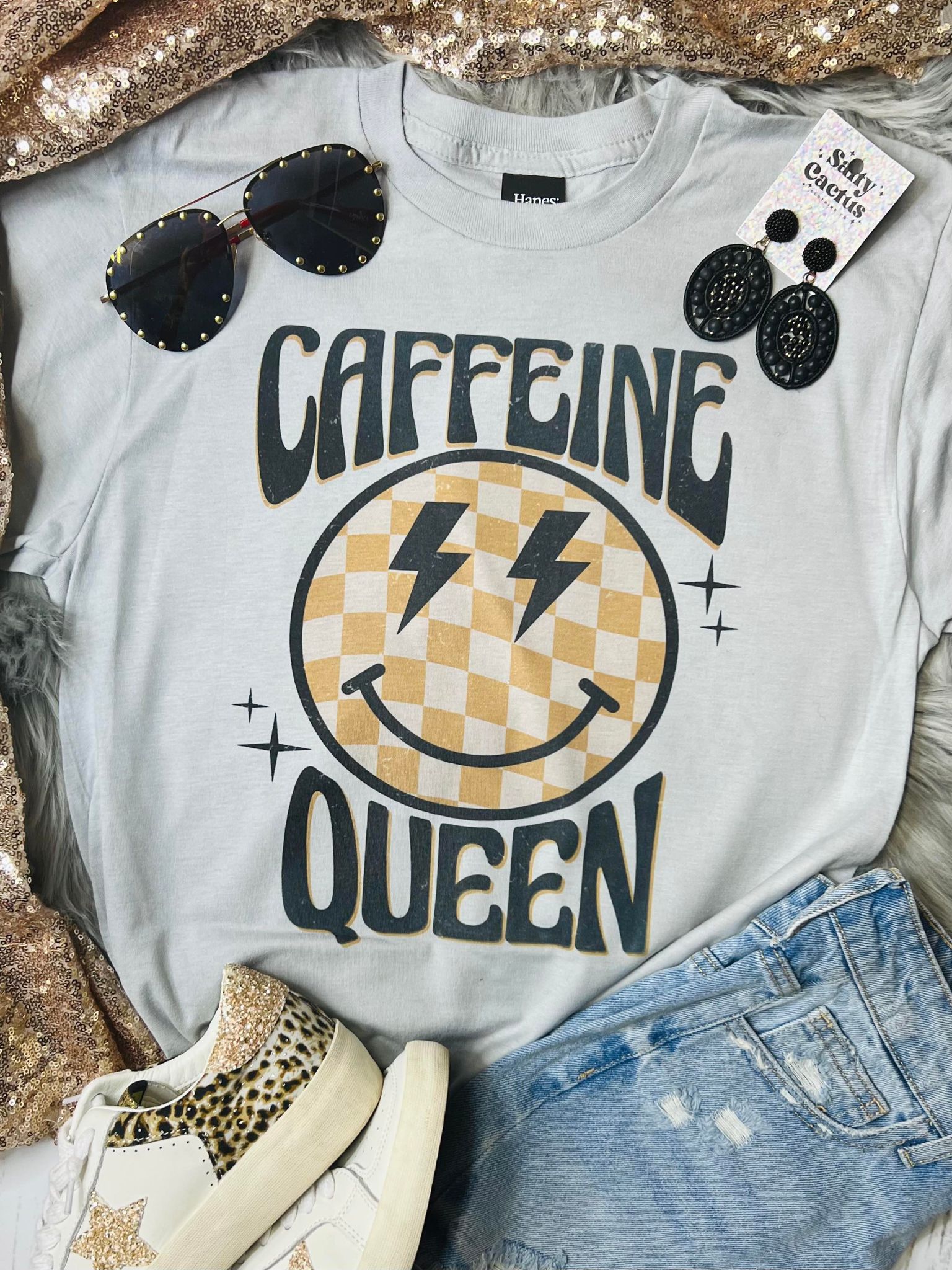 *RTS 10-12 BUS DAYS*Caffeine Queen Checkered Stone Grey Tee