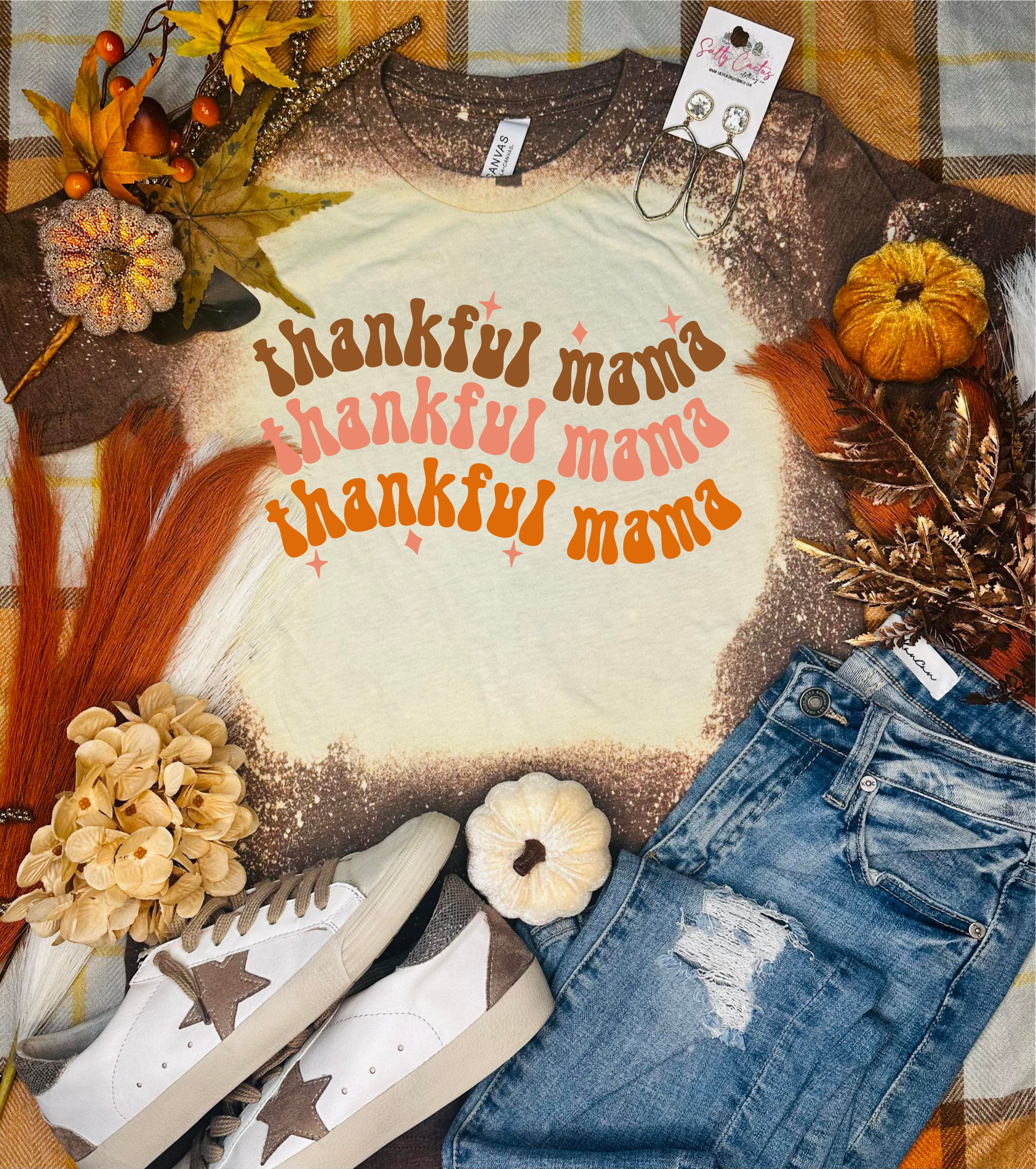 Thankful Mama Stacked Bleached Brown Tee