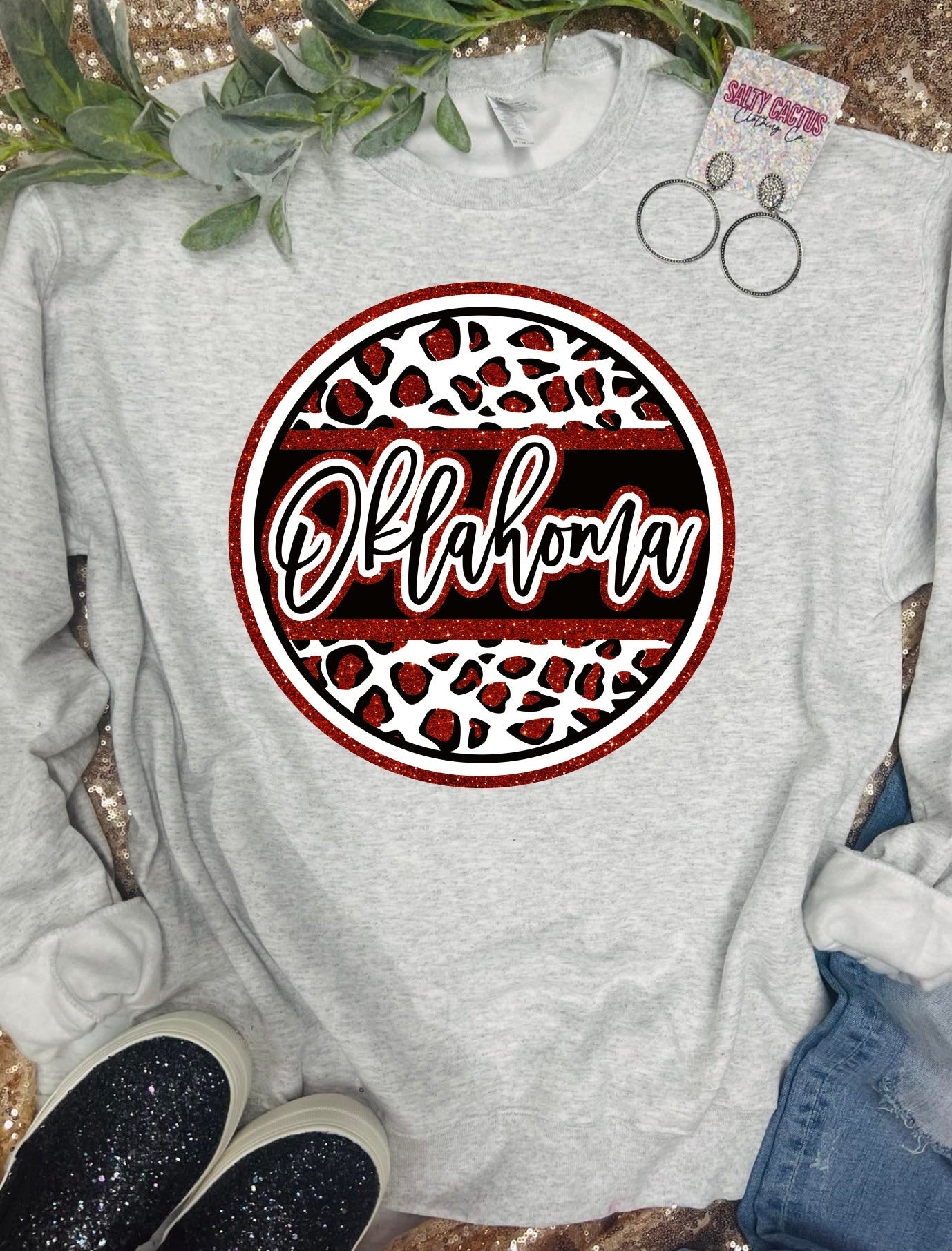 Oklahoma Glitter Leopard Circle Ash Grey Sweatshirt