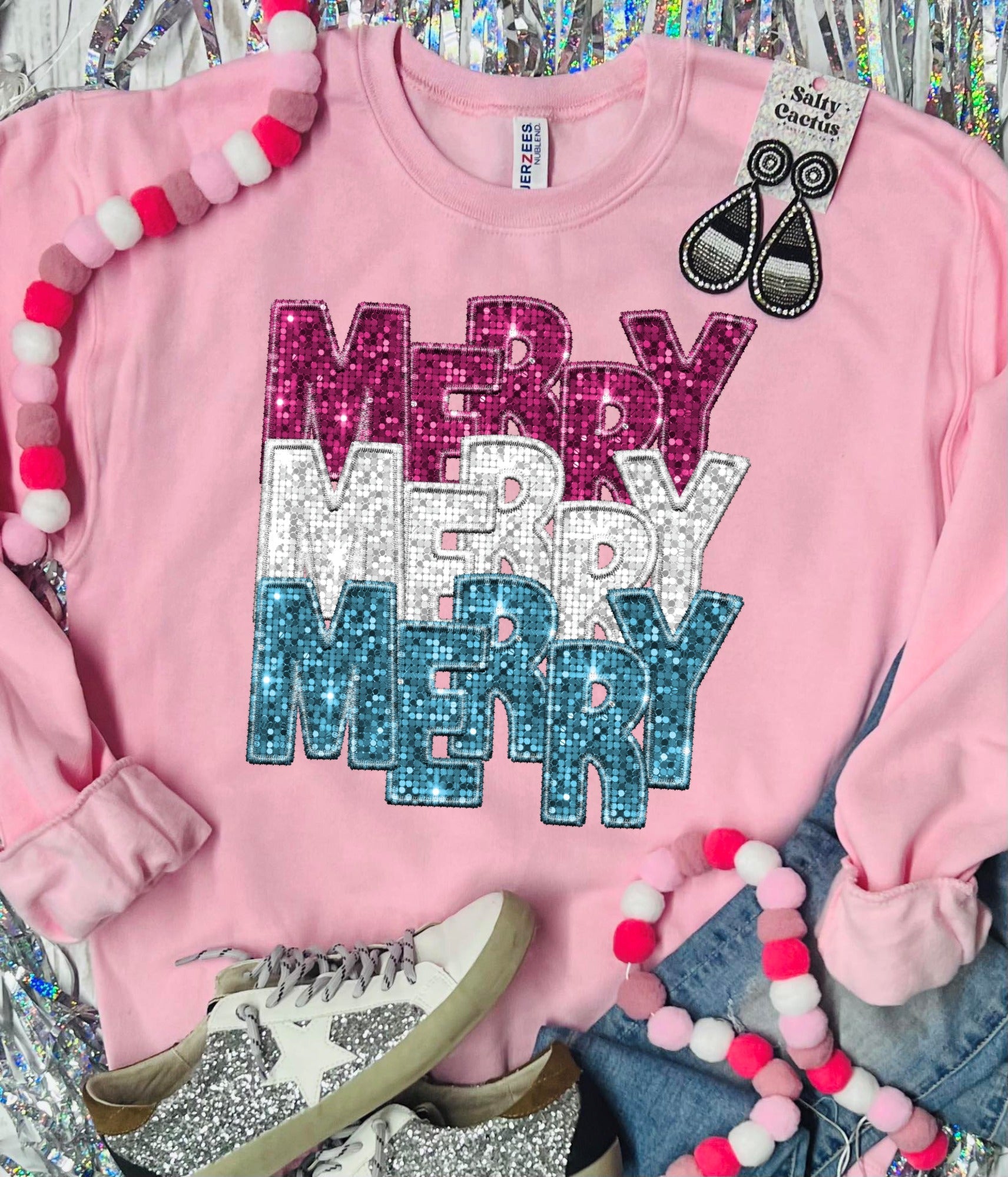 *DTG* Merry Merry Merry Sequin Baby Pink Sweatshirt