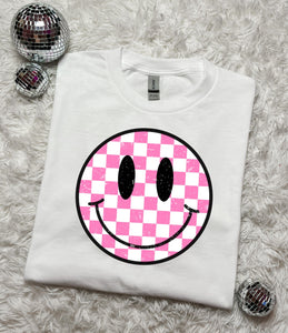 Copy of RTS* 5-7 Business Days Pink and White Checkered Smiley White Tee