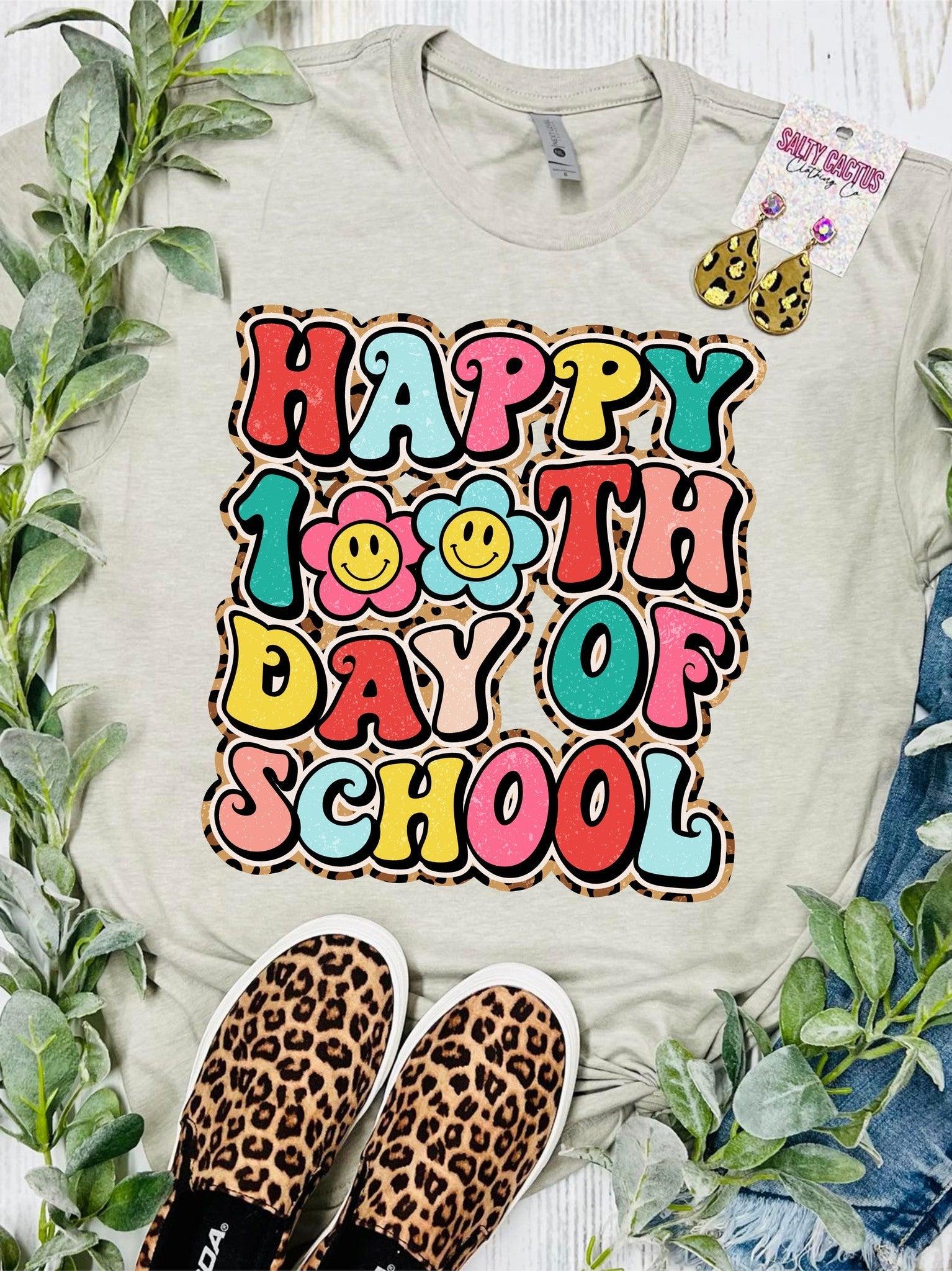 Happy 100th Day Of School Leopard Retro Tan Tee