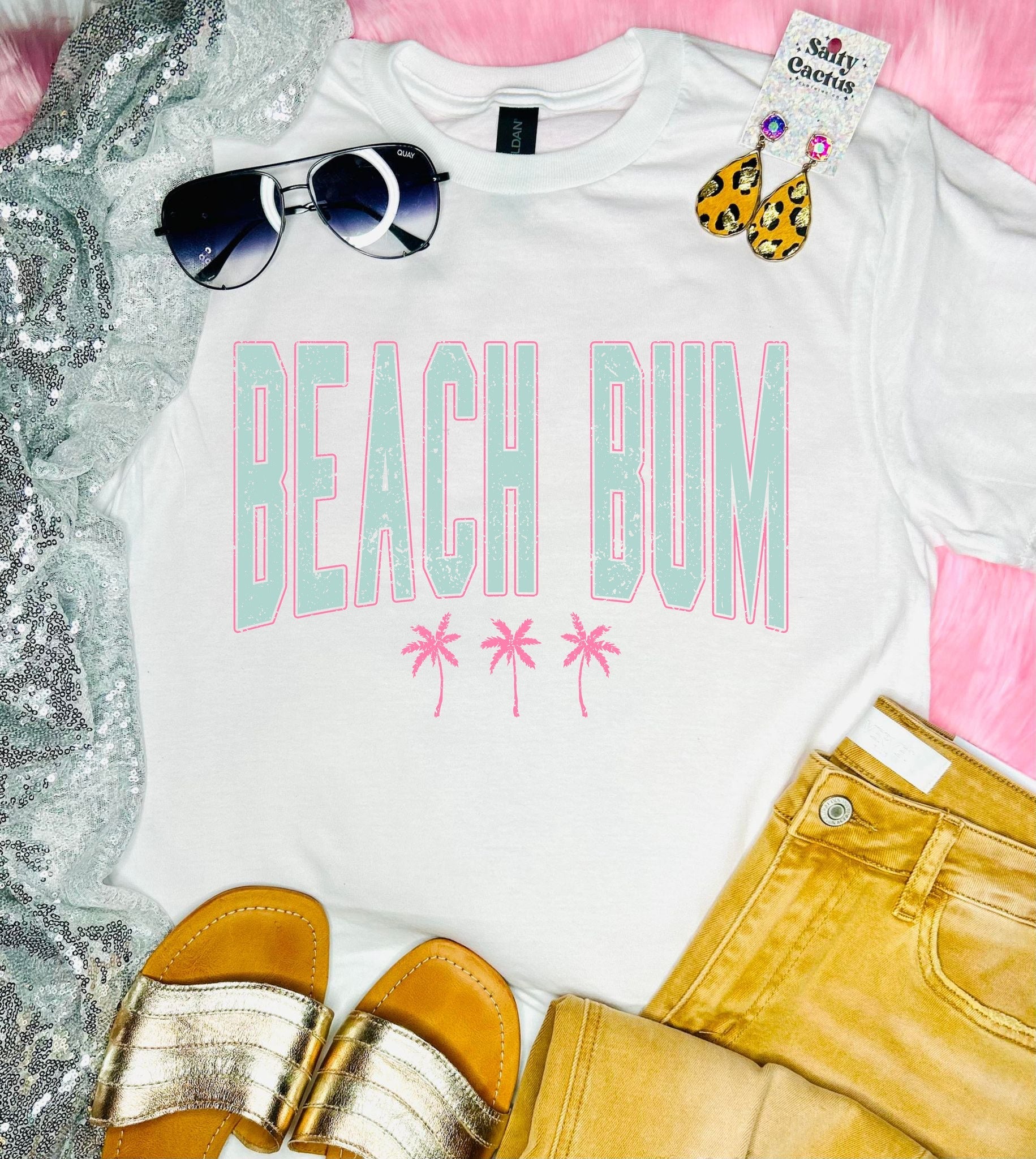 Beach Bum Pink Palm Trees White Unisex Tee