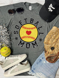 *DTF* Softball Mom Heart Middle Grey Tultex