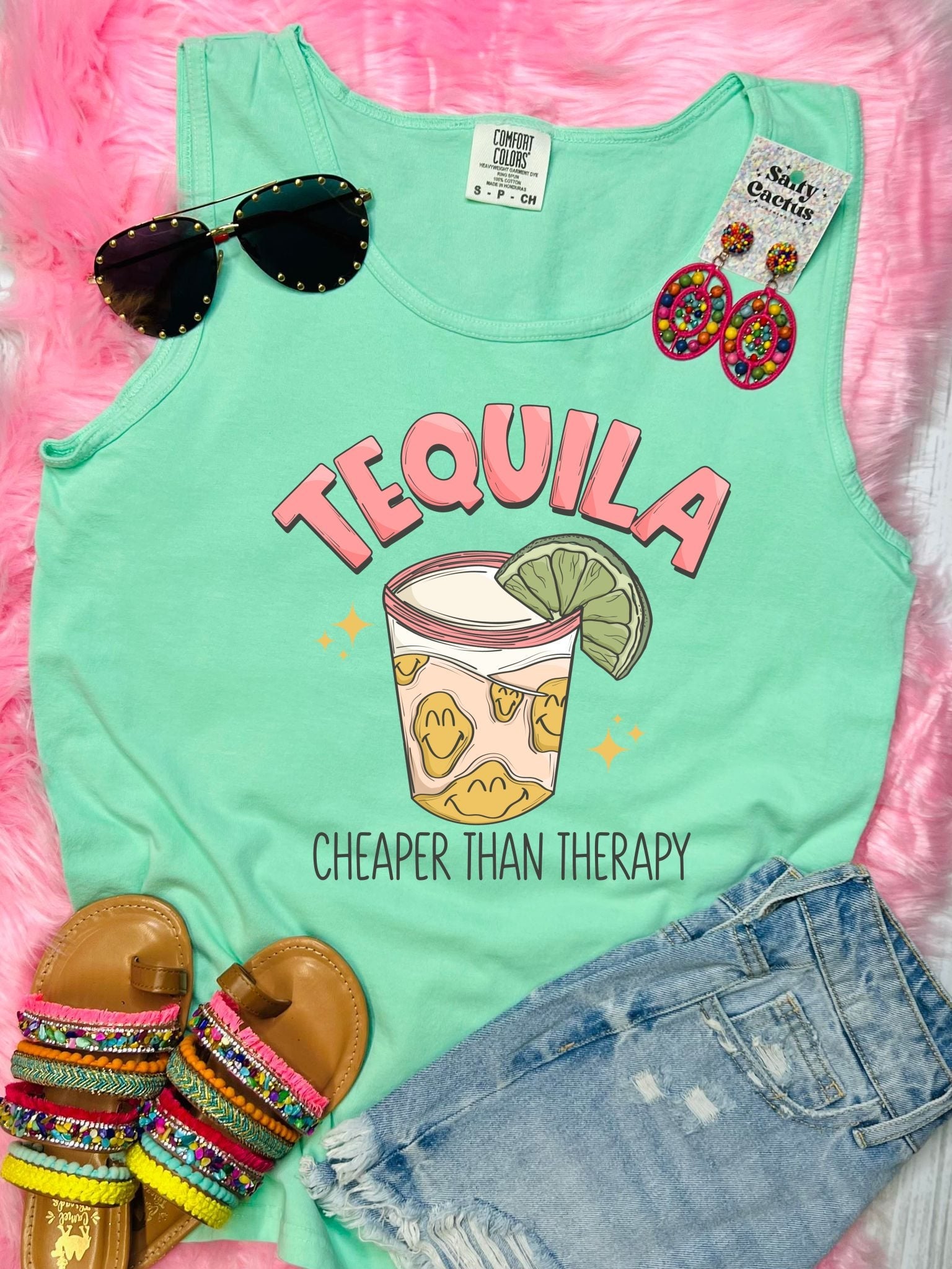 Tequila Cheaper than Therapy Chalky Mint Comfort Color Tank