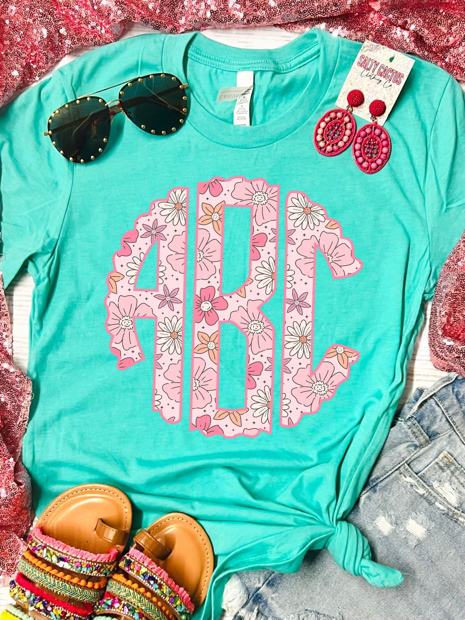 *DTF* Floral Scalloped Mono Big on Front Bella Seafoam Tee