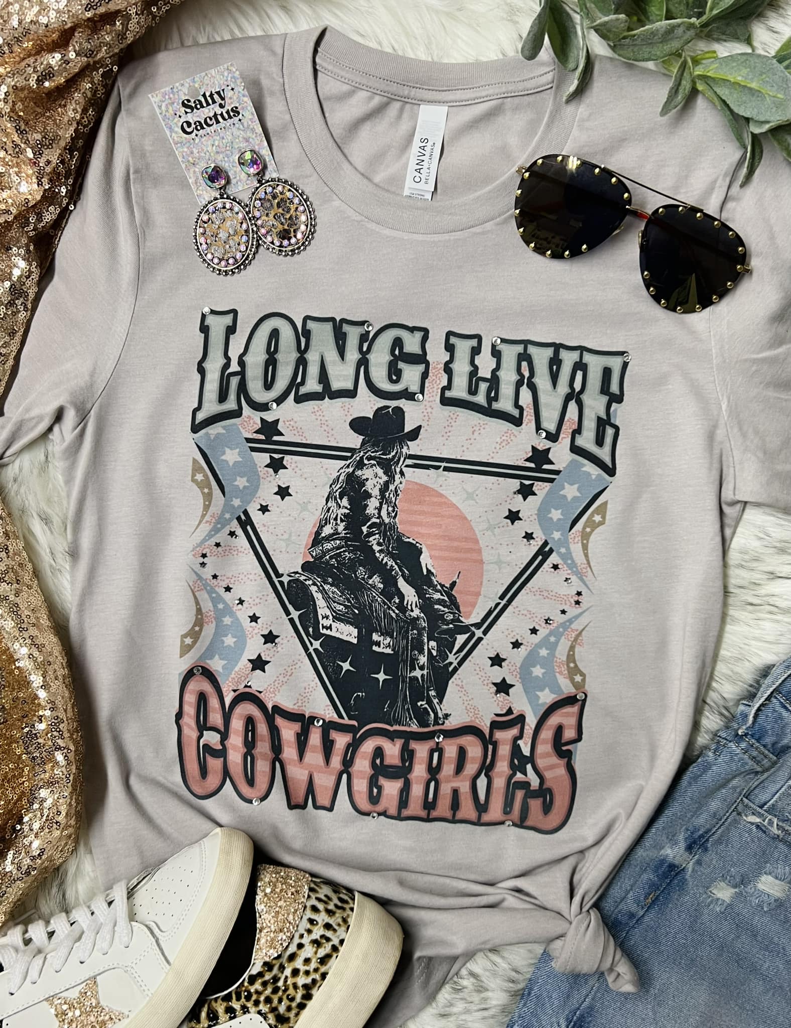 *EMBELLISHED* Long Live Cowgirls Western  Stone Tee