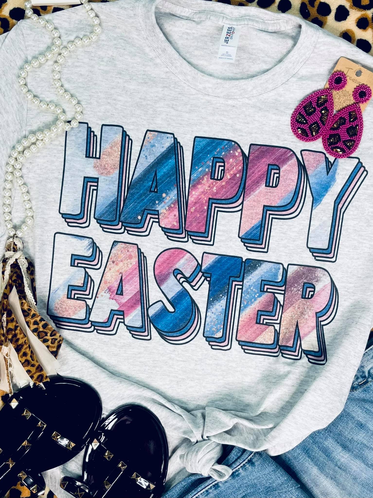 Happy Easter Brushstroke Glitter Grey Tee