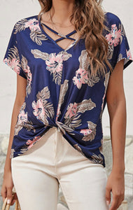 Floral Front Twisted Short Sleeve Top