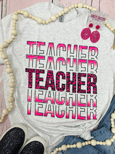 Teacher Neon Pink Ash Grey Tee